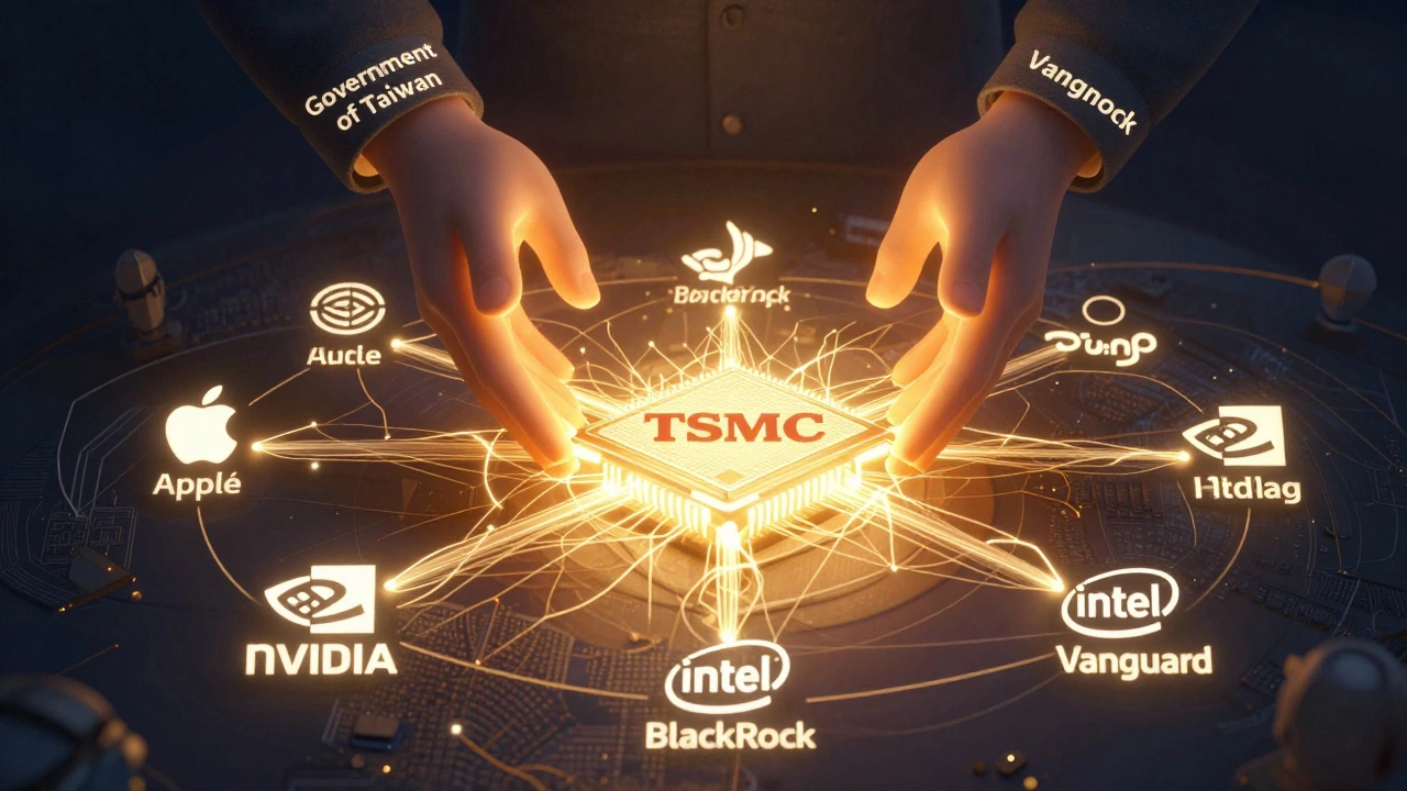 A glowing neural network centered on a chip, with hands from Taiwan, BlackRock, and Vanguard supporting it while tech companies like Apple and NVIDIA feed into it as customers.