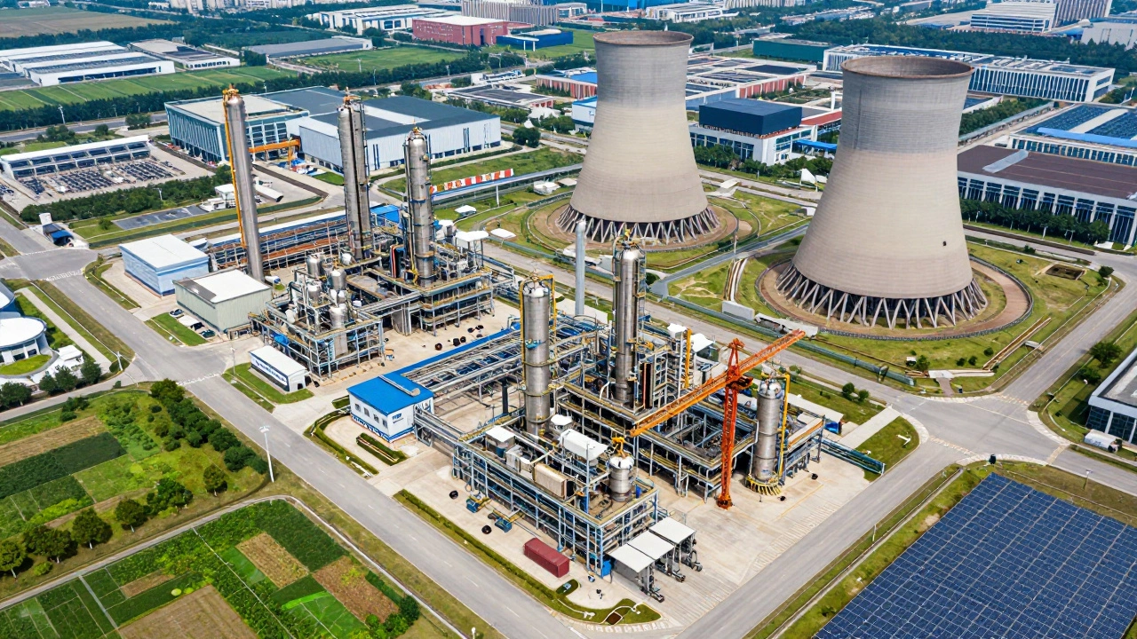 Aerial view of Dahej SEZ with chemical plants, cooling towers, and export containers.