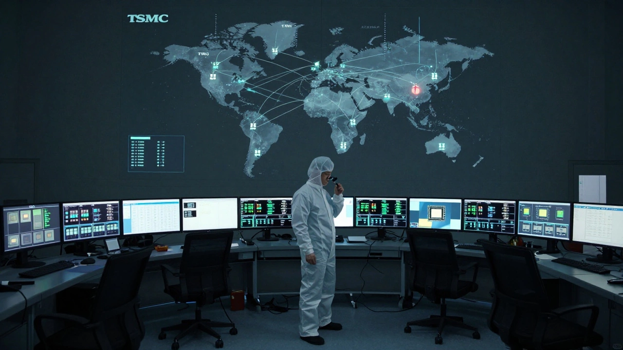 An empty TSMC control room with engineers monitoring chip production, surrounded by screens and a map showing global factory locations.