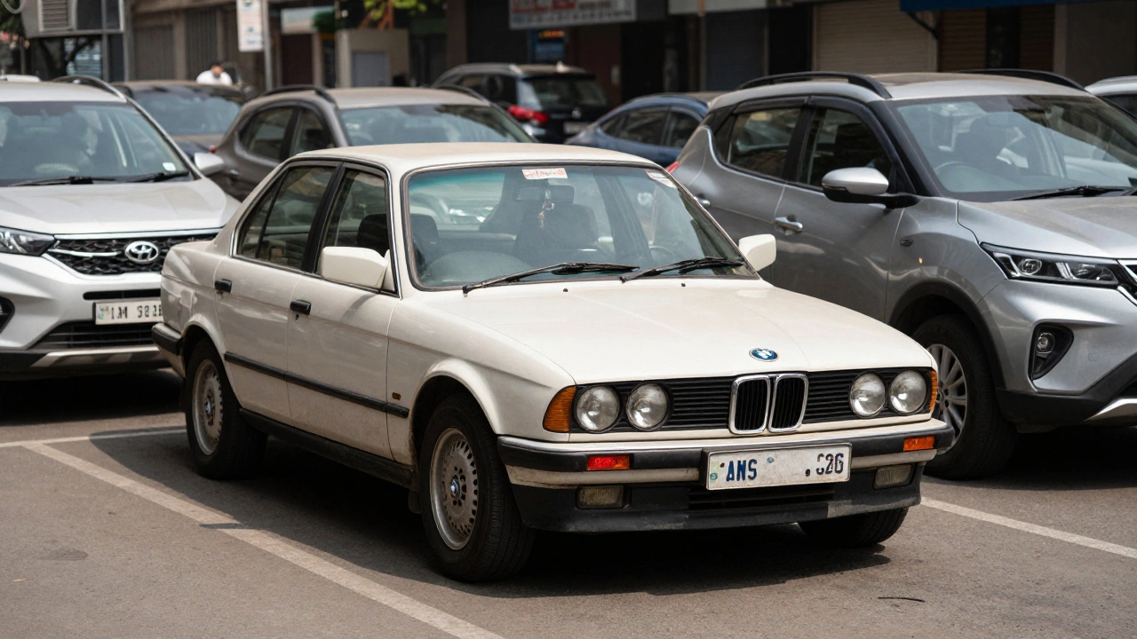 An imported American car parked among modern Indian SUVs in a bustling Mumbai lot.