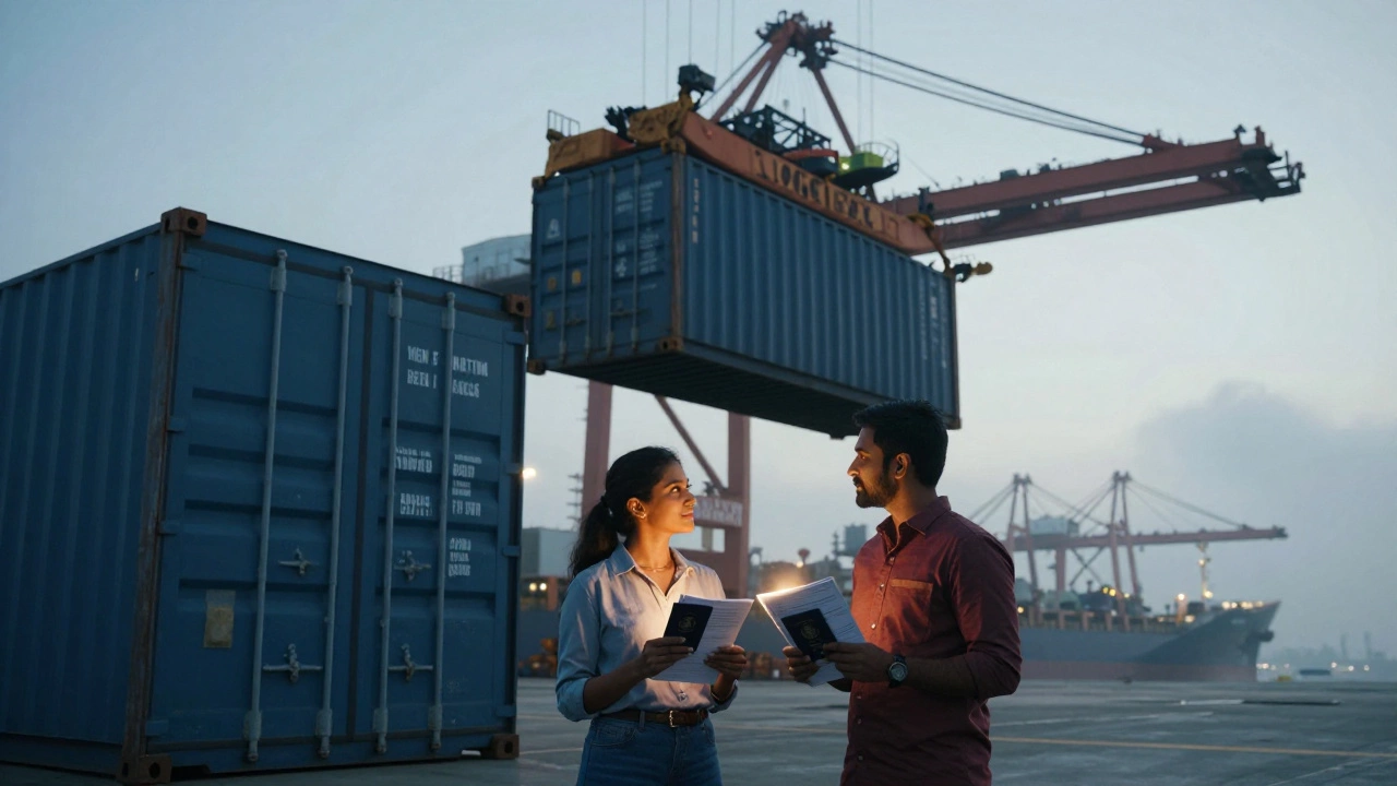 An NRI couple beside a shipping container being loaded onto a vessel at a U.S. port.