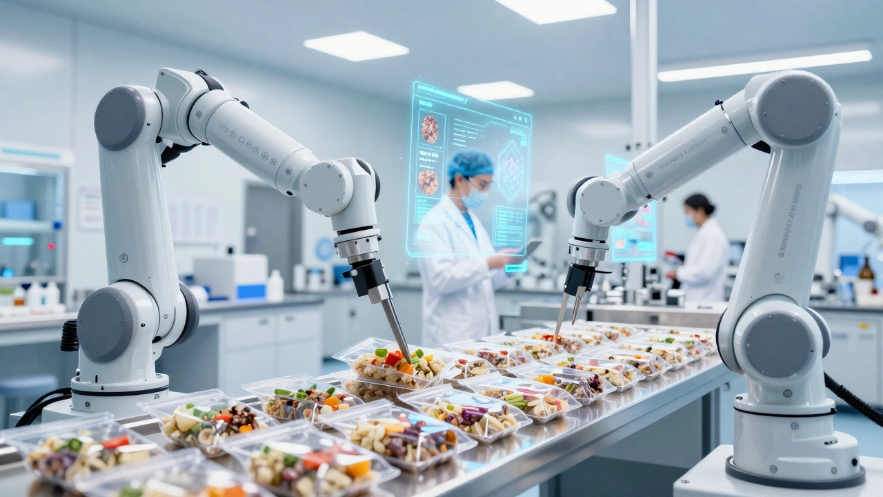 Automated robotic lines packaging ready-to-eat frozen meals in a high-tech facility.