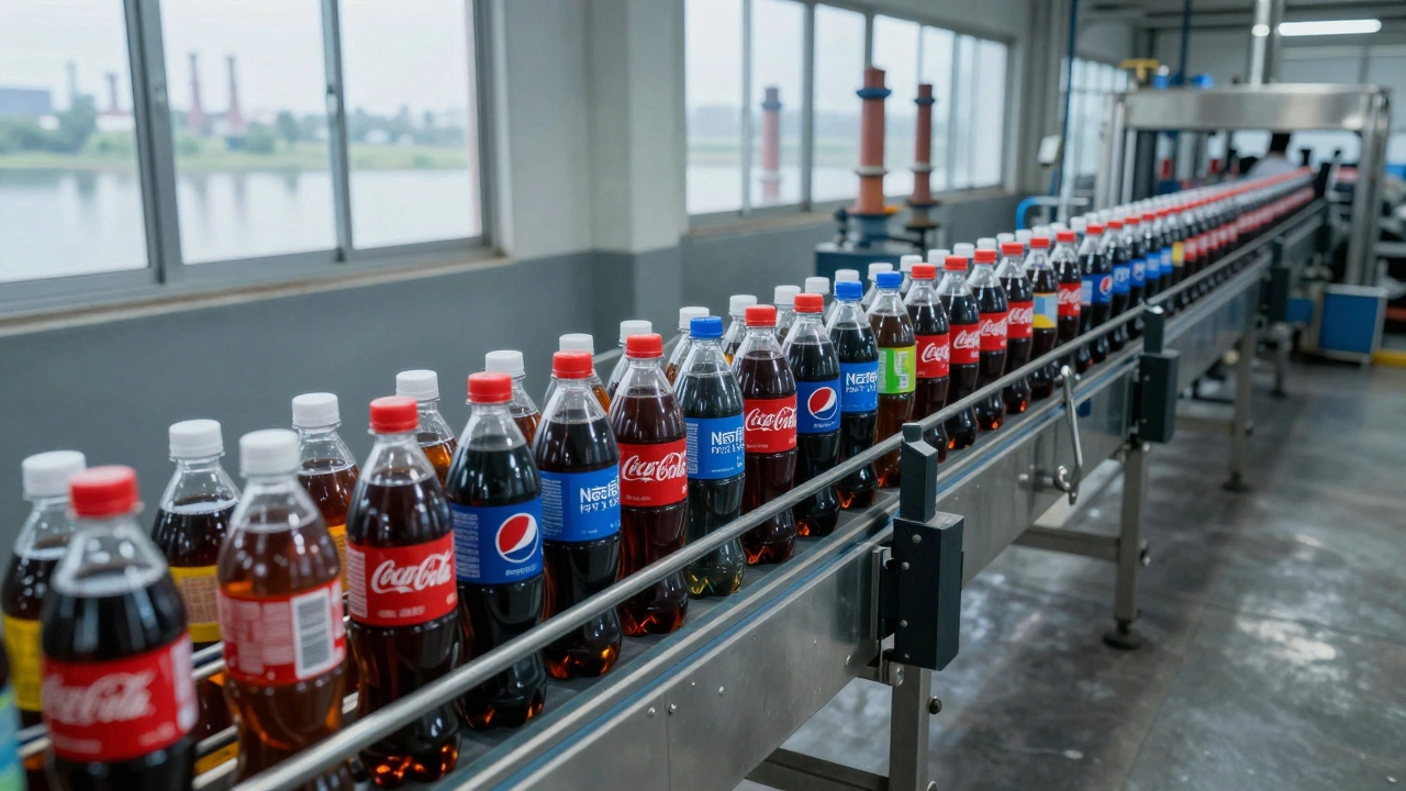 Factory conveyor belt producing endless plastic bottles with Coca-Cola, Pepsi, and Nestlé labels under industrial lighting.