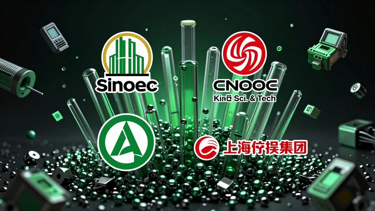 Four major Chinese plastic companies' logos emerging from plastic resin pellets.