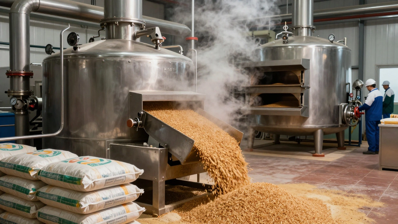 Industrial machinery inside a factory converting raw ingredients into canned food products.