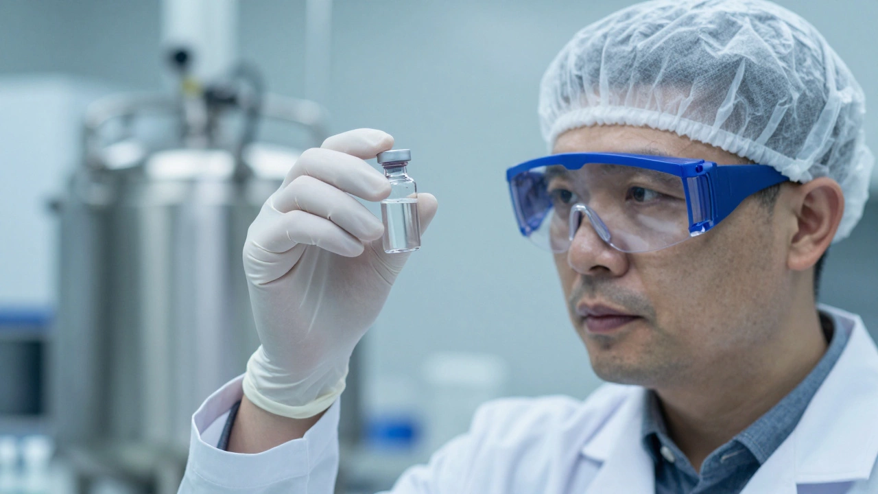 Researcher examining a medicine vial in a sterile laboratory setting.