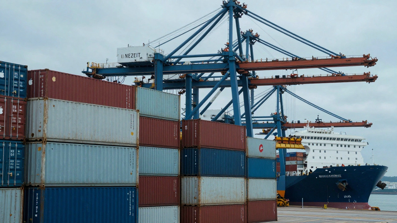 Shipping containers loaded with plastic products at a Chinese port for global export.