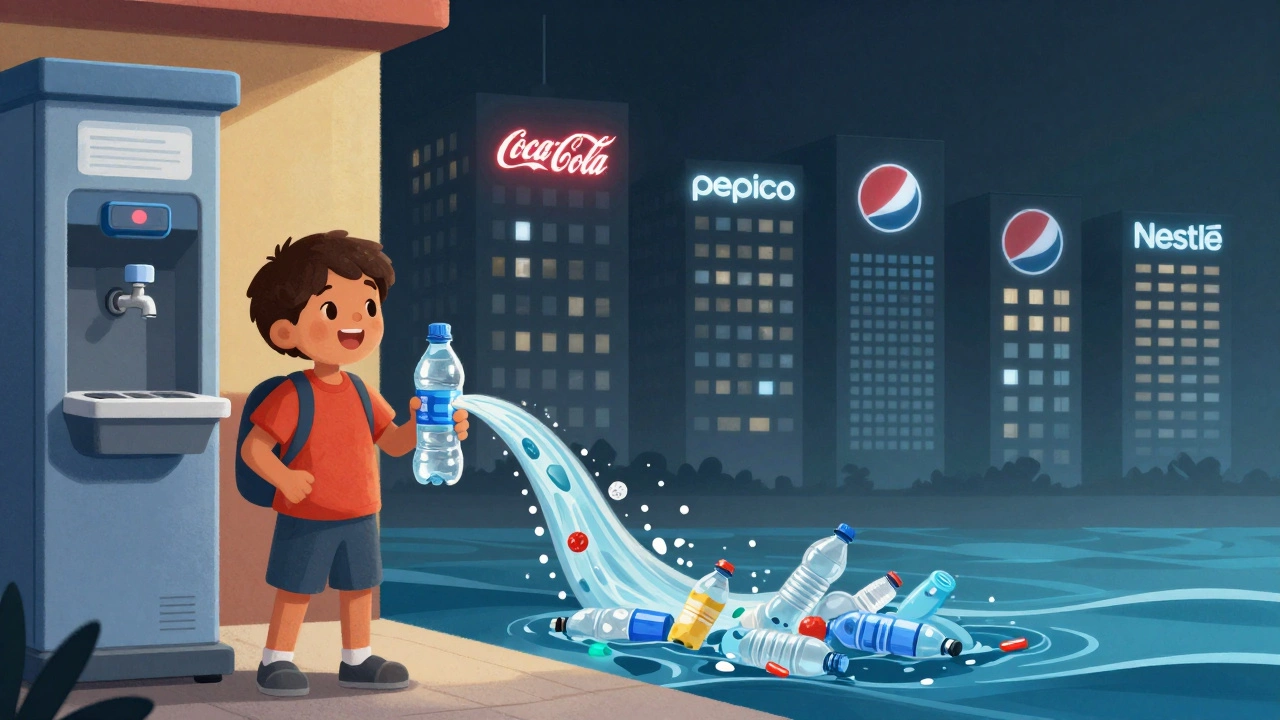 Split image: child using reusable bottle on one side, corporate logos casting shadows over plastic waste on the other.