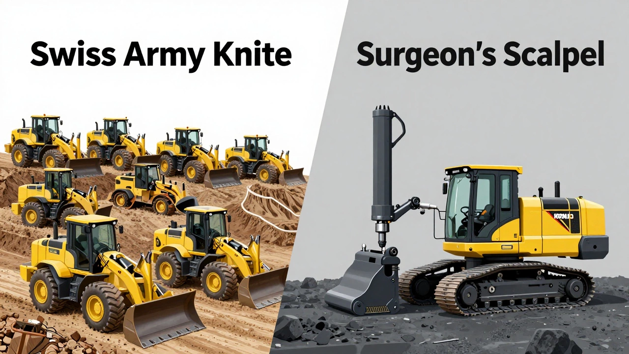 A conceptual comparison showing a versatile fleet of Cat machinery versus a precision Komatsu mining tool.