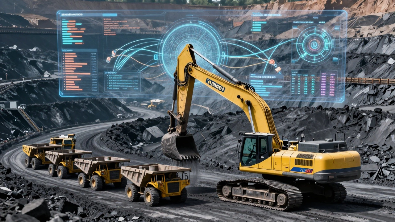 Autonomous Komatsu mining trucks and an excavator in an Indian open-pit mine with digital data overlays.