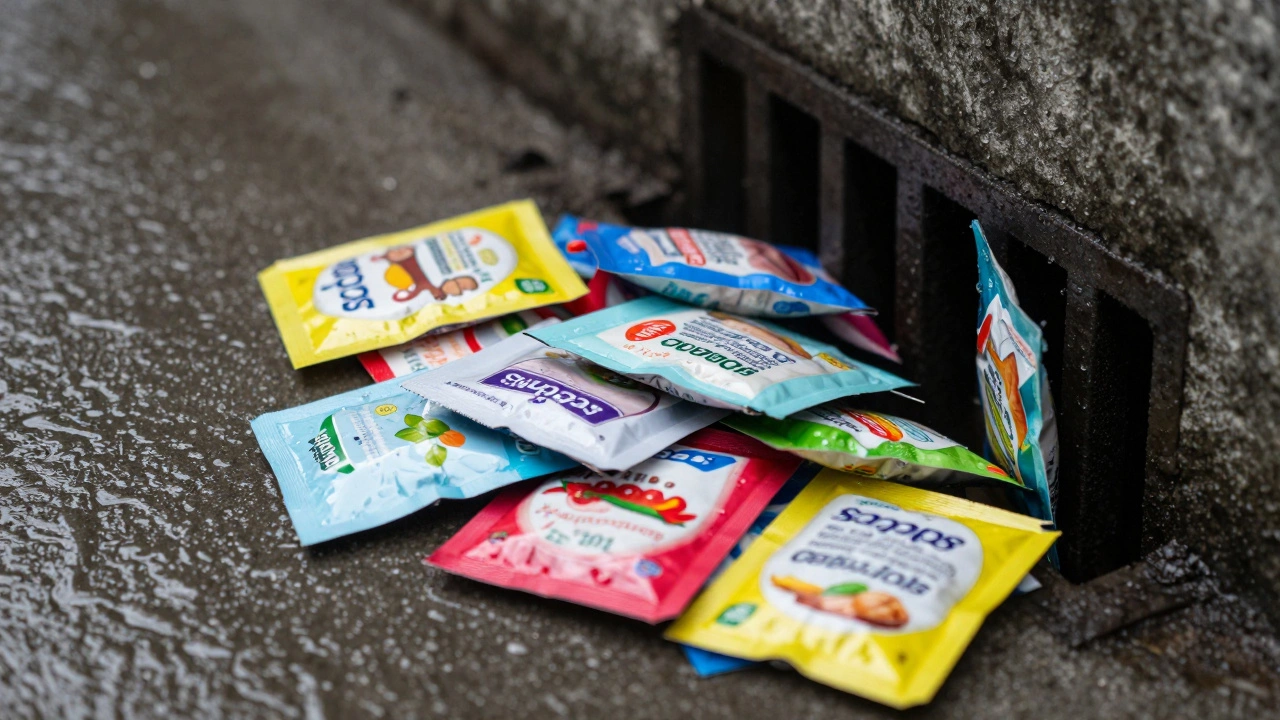 Colorful single-use plastic sachets being washed into a city storm drain during rain.