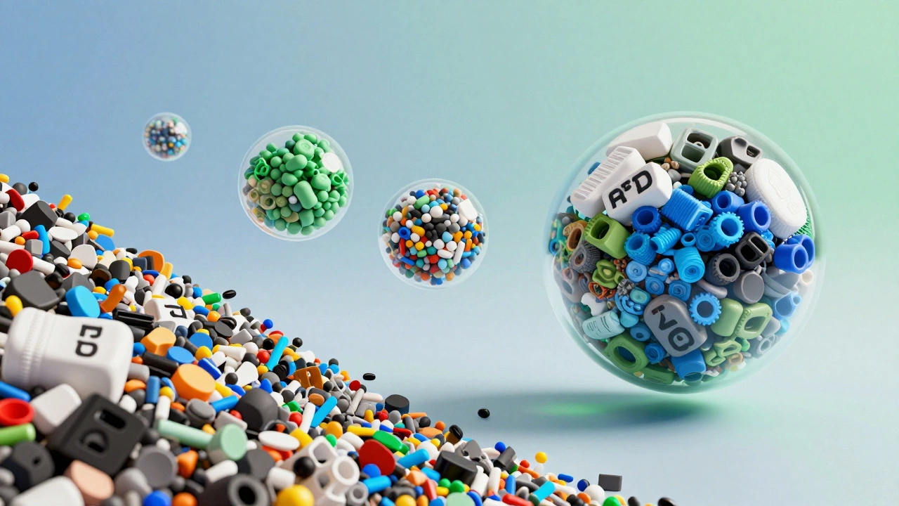Conceptual 3D render of plastic pellets transitioning into recycled sustainable materials.