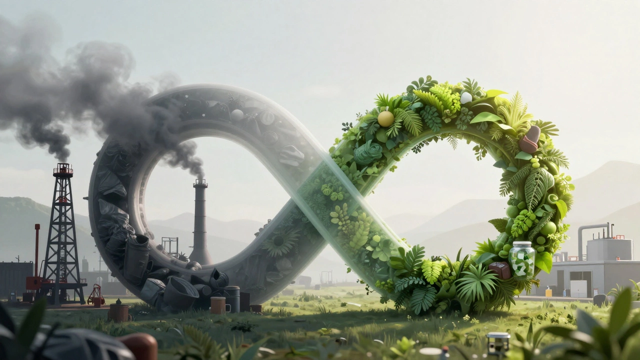 Conceptual illustration of an infinity loop transitioning from industrial plastic production to a green circular economy.