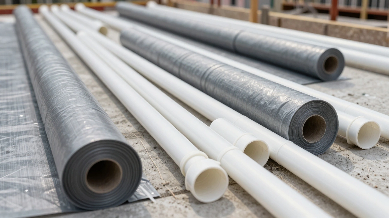 Construction site showing a network of PVC pipes and polymer membranes on a floor.