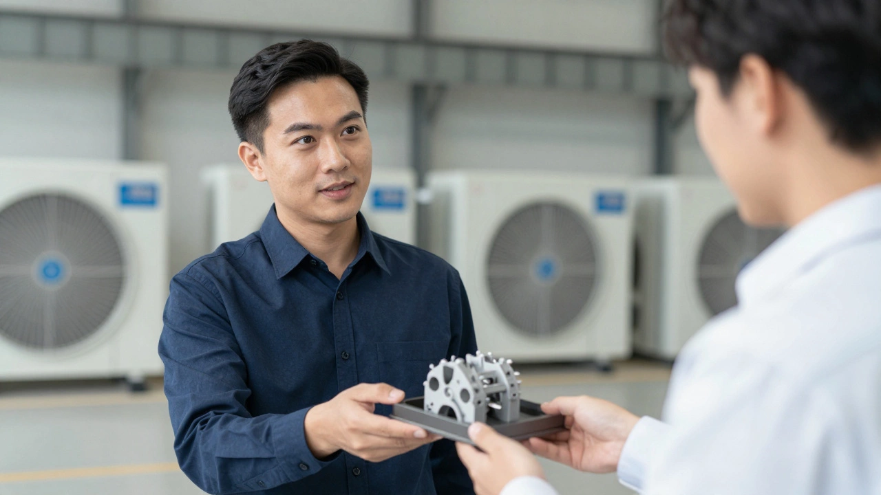 Entrepreneur handing a physical product prototype to a business client