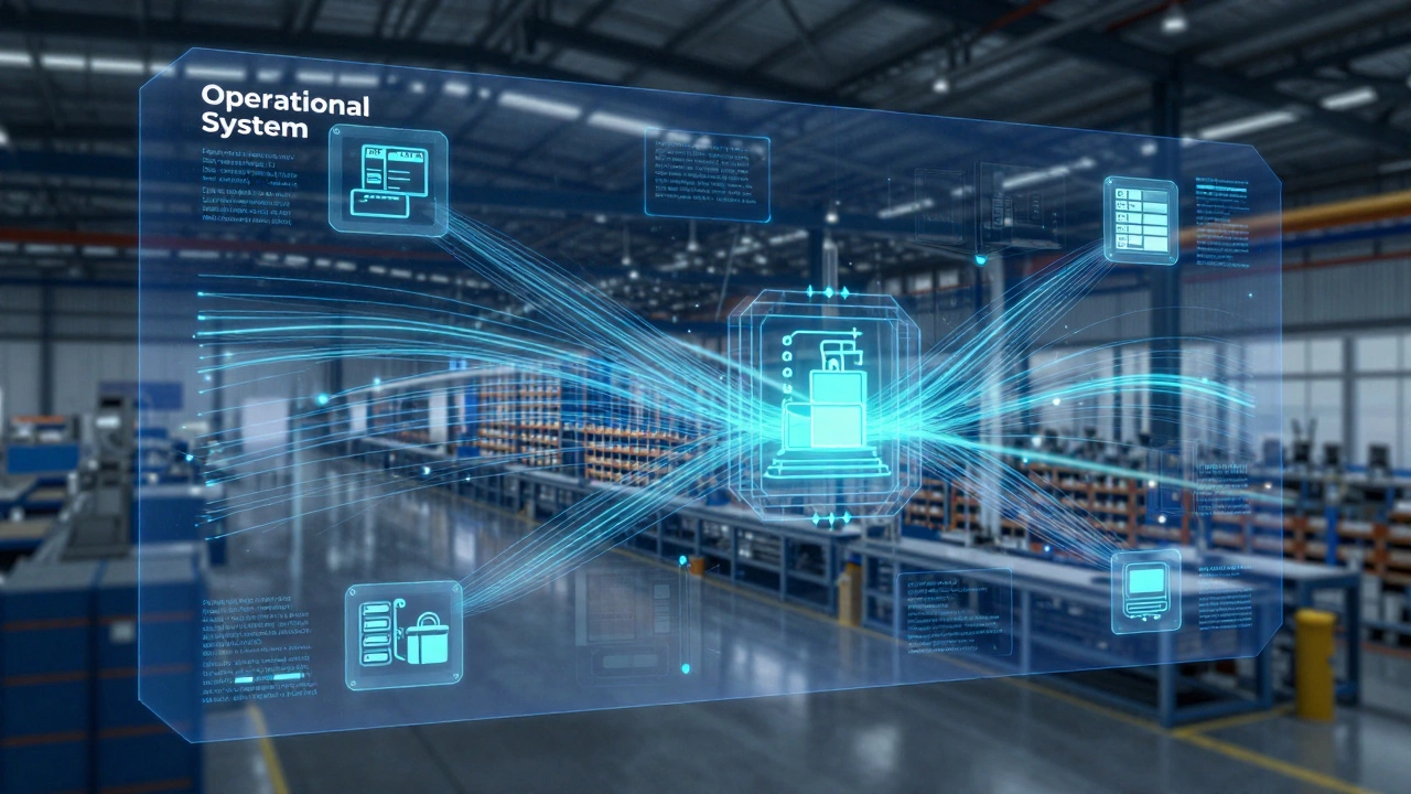 Holographic data overlay showing the digital operational system of a factory.