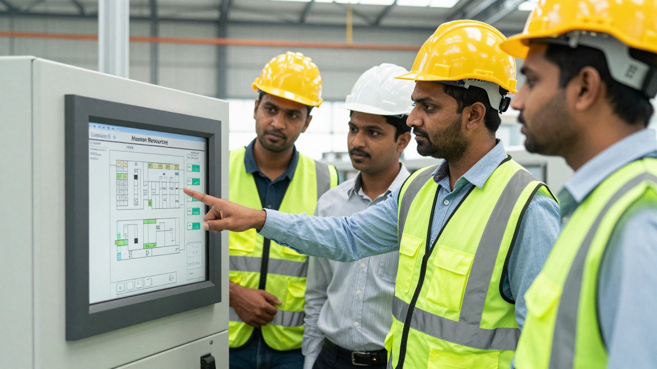 Indian engineers and technicians collaborating at a machine control station.