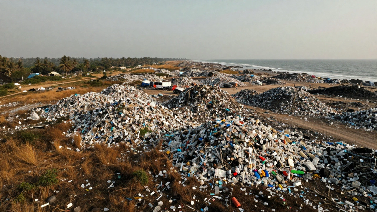 Aerial view of a large landfill with plastic waste near the coast