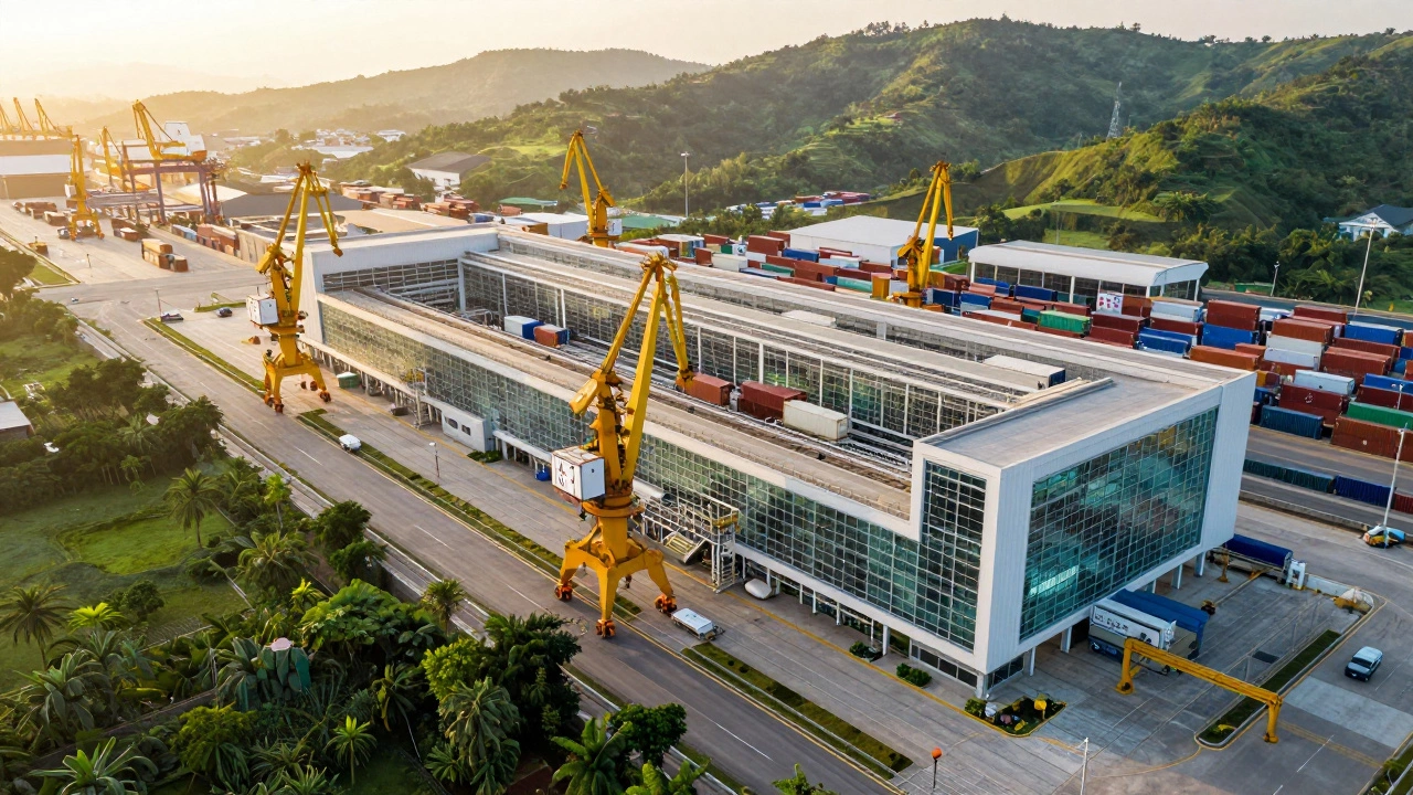 Aerial view of a modern Vietnamese factory and port at sunrise