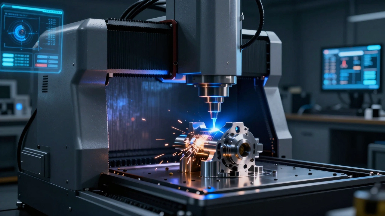 CNC machine carving a precise metal part in a dark workshop