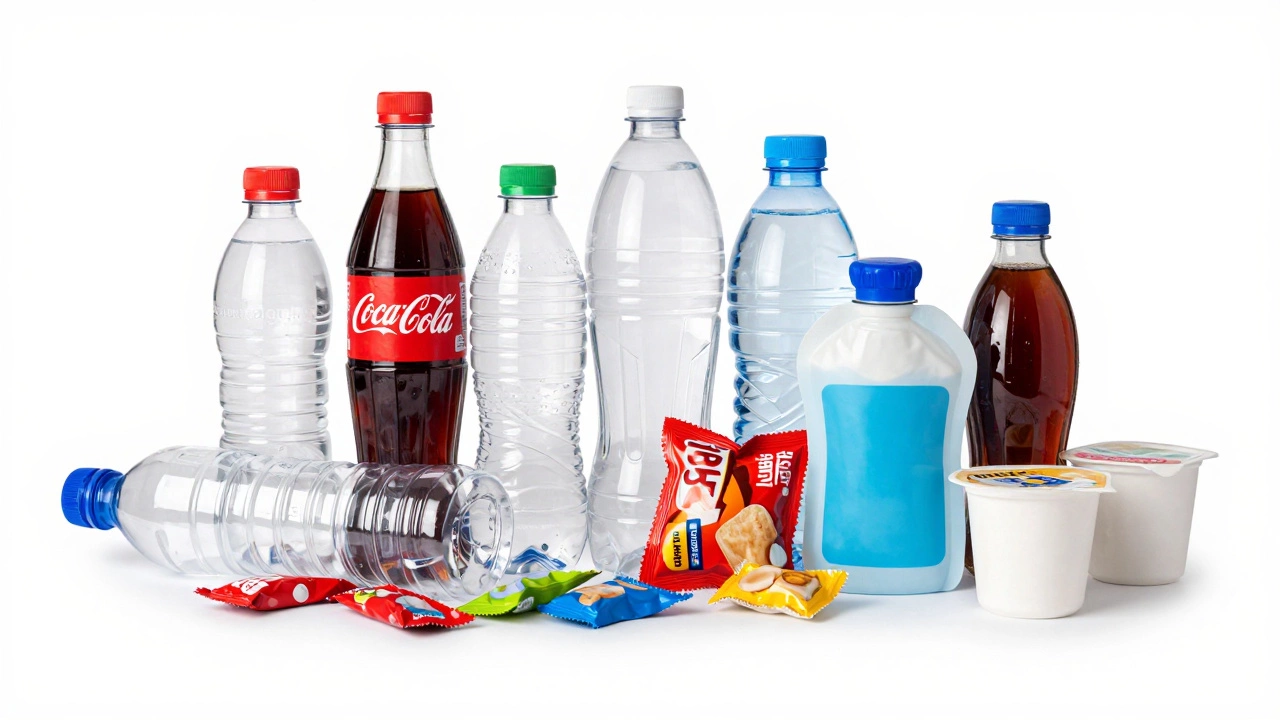 Collection of single-use plastic bottles and wrappers on a white background