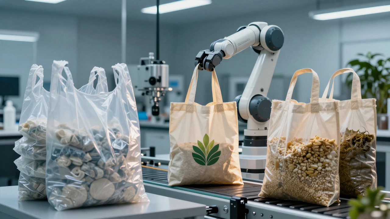 Contrast between discarded plastic bags and new biodegradable eco-friendly alternatives