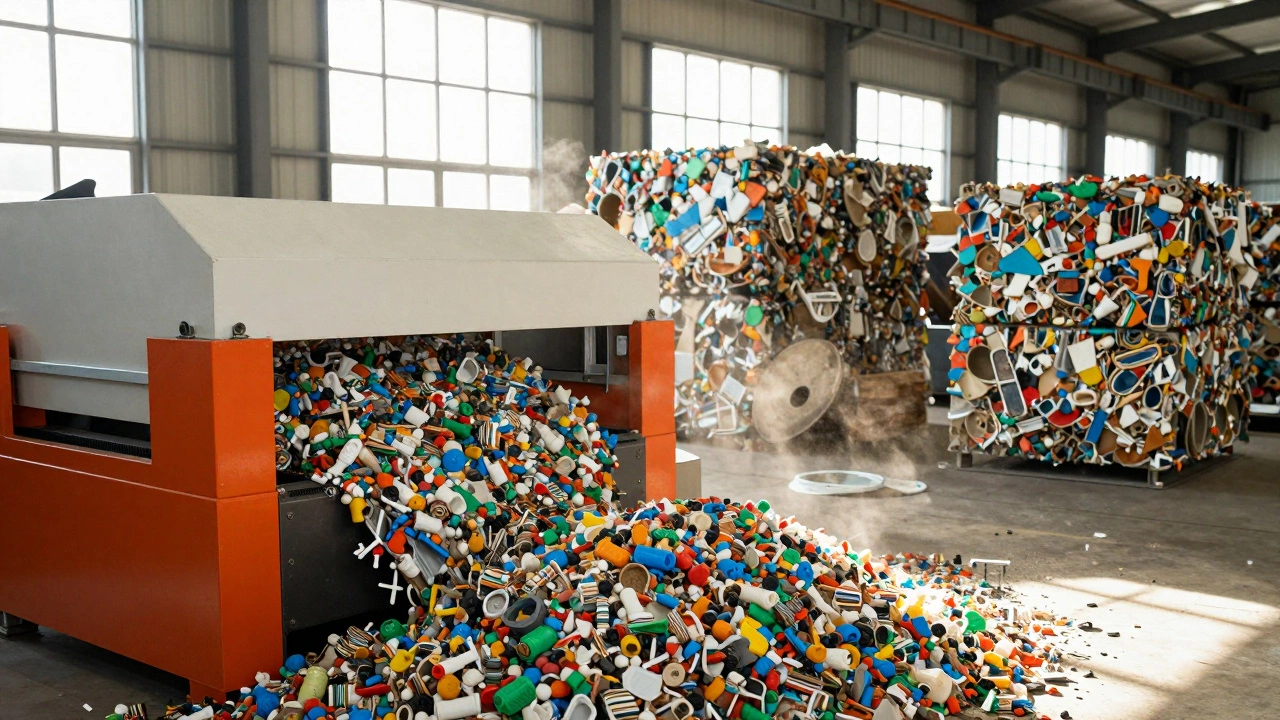 Factory machinery recycling plastic waste into usable pellets