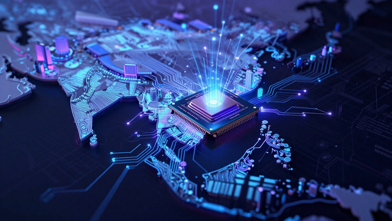 Glowing microchip connected to Southeast Asian tech hubs via data streams