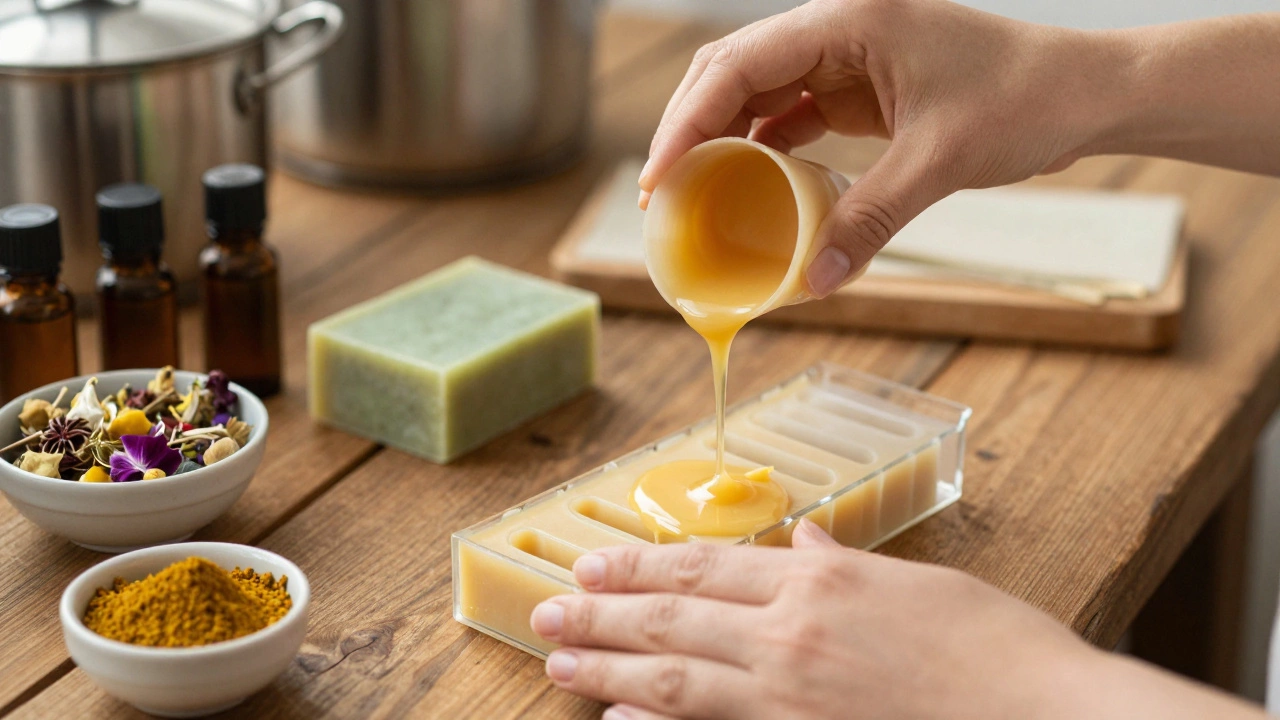 Hands making artisan candles and soaps on wooden table