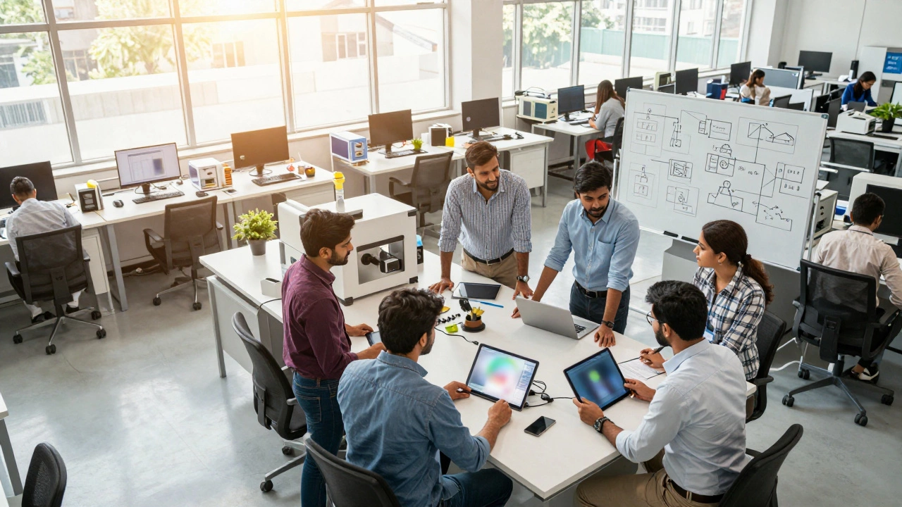 Inventors collaborating in a modern Indian manufacturing startup workspace