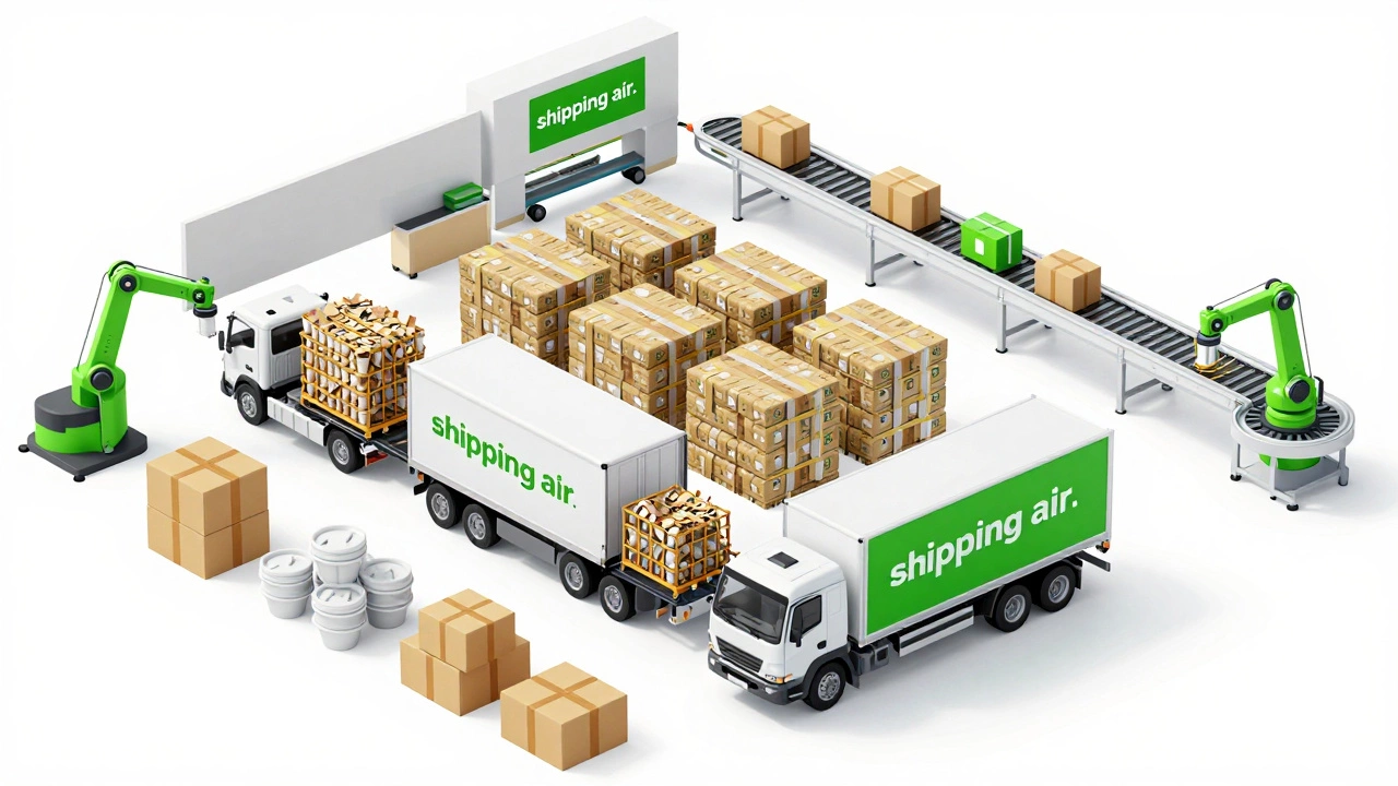 Isometric view of efficient logistics hub shipping compacted packaging materials
