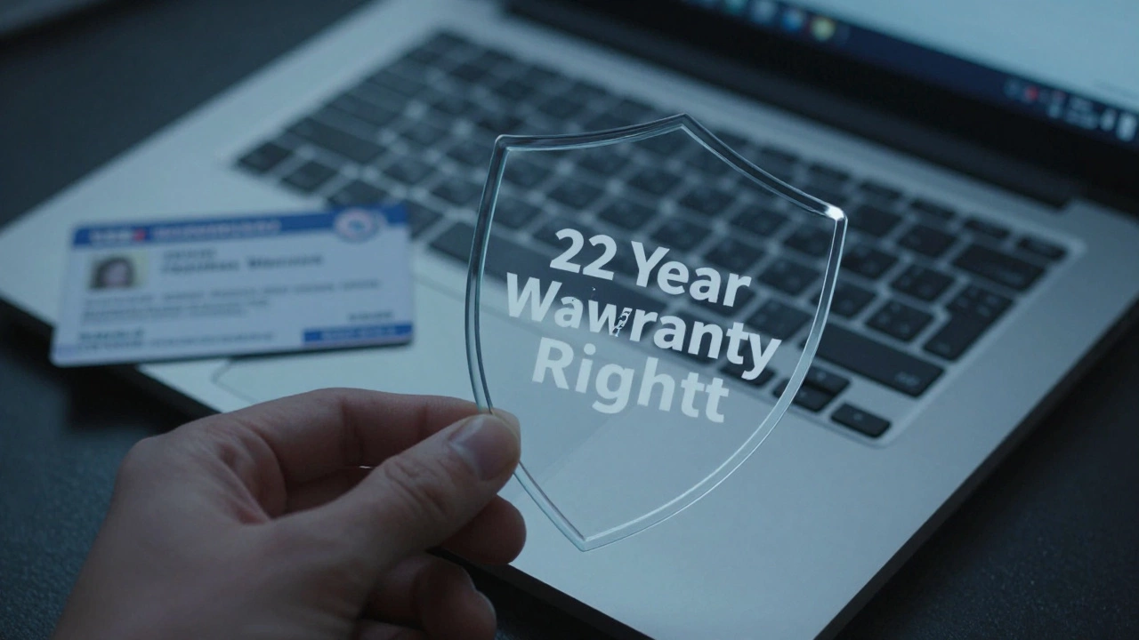 Laptop with protective shield icon representing extended EU warranty coverage versus US standards.