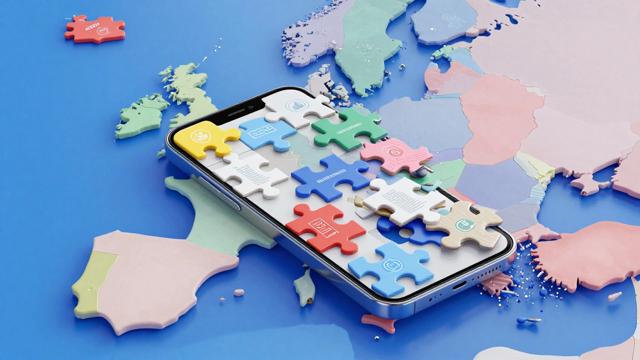 Smartphone assembly puzzle symbolizing European market fragmentation and regulatory costs.