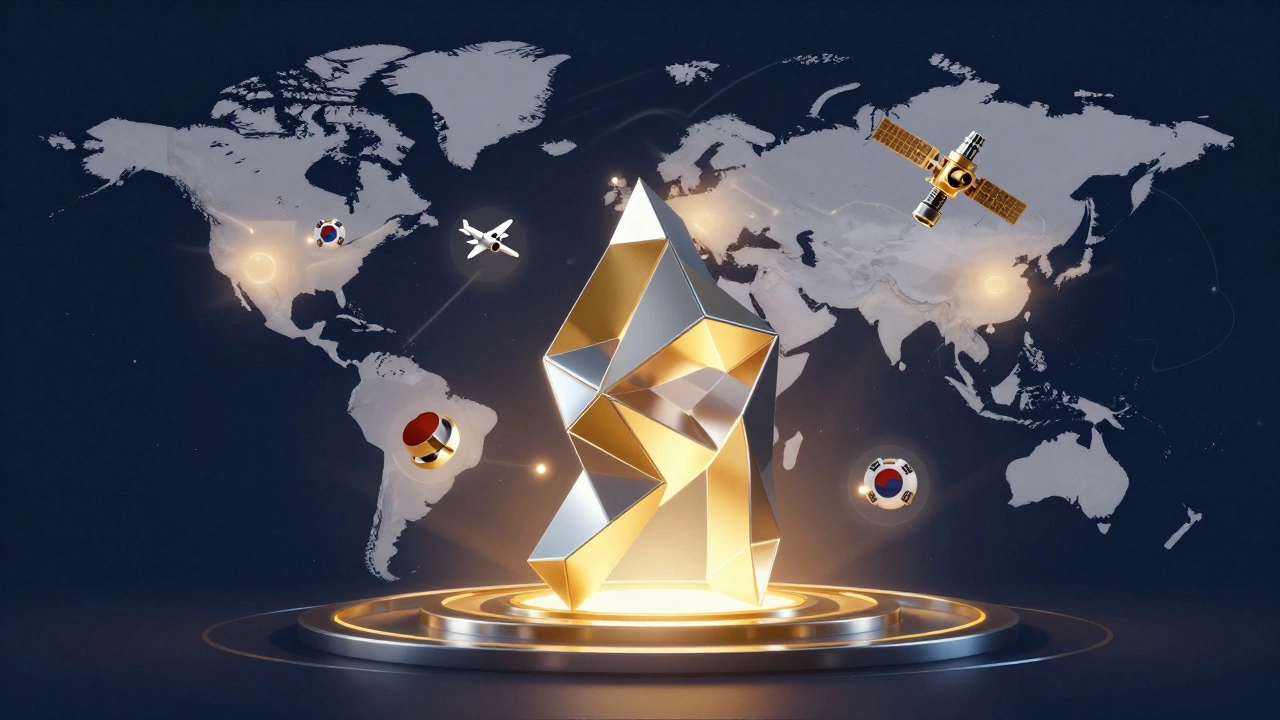 Abstract concept art showing advanced aerospace steel alloys connected to global production networks.