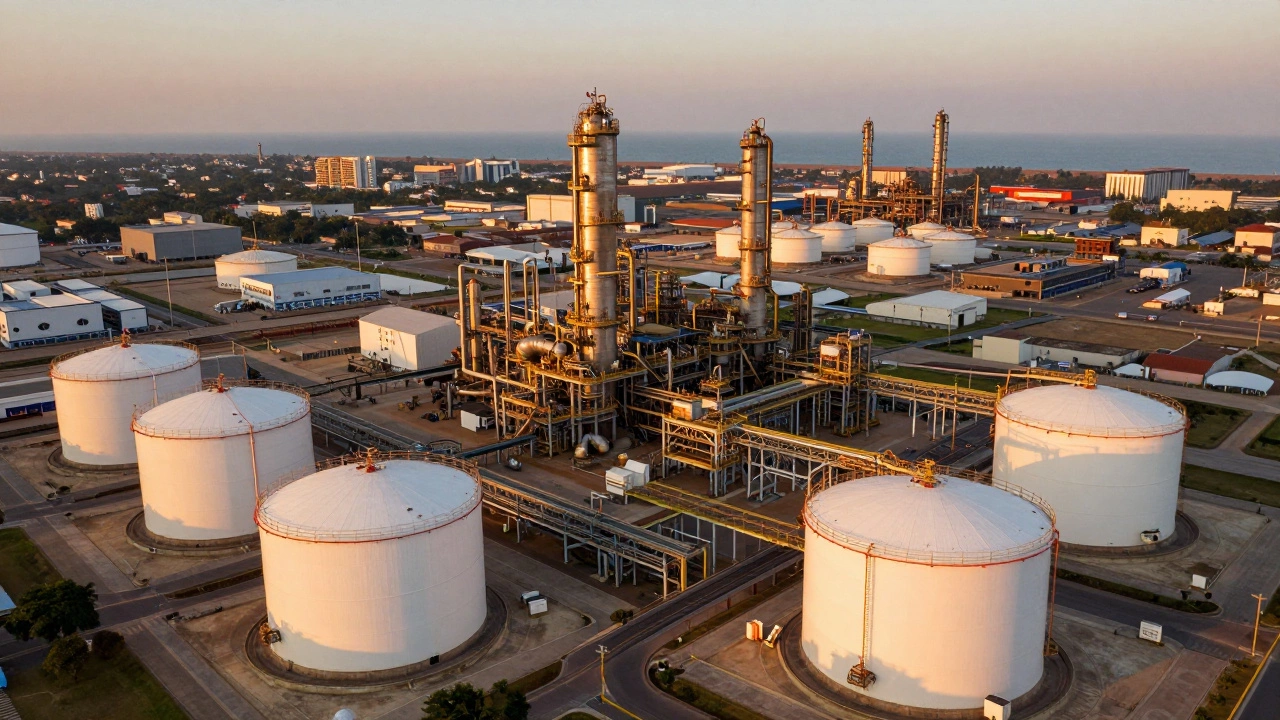 Aerial view of huge Indian refinery complex at sunset