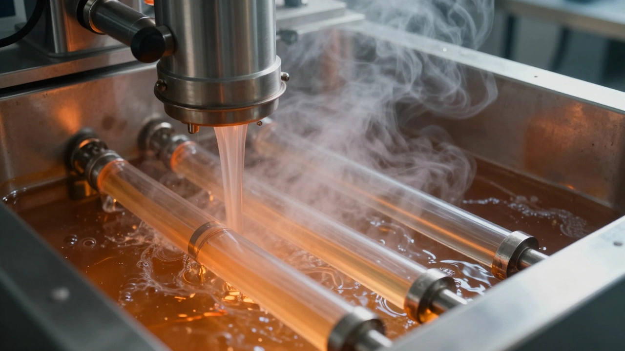 Close-up of steam rising from a metal plate heat exchanger during pasteurization