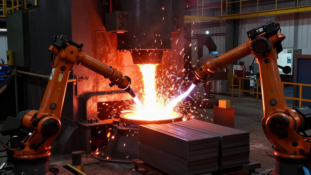 Electric arc furnace melting scrap steel in a modern mini-mill facility
