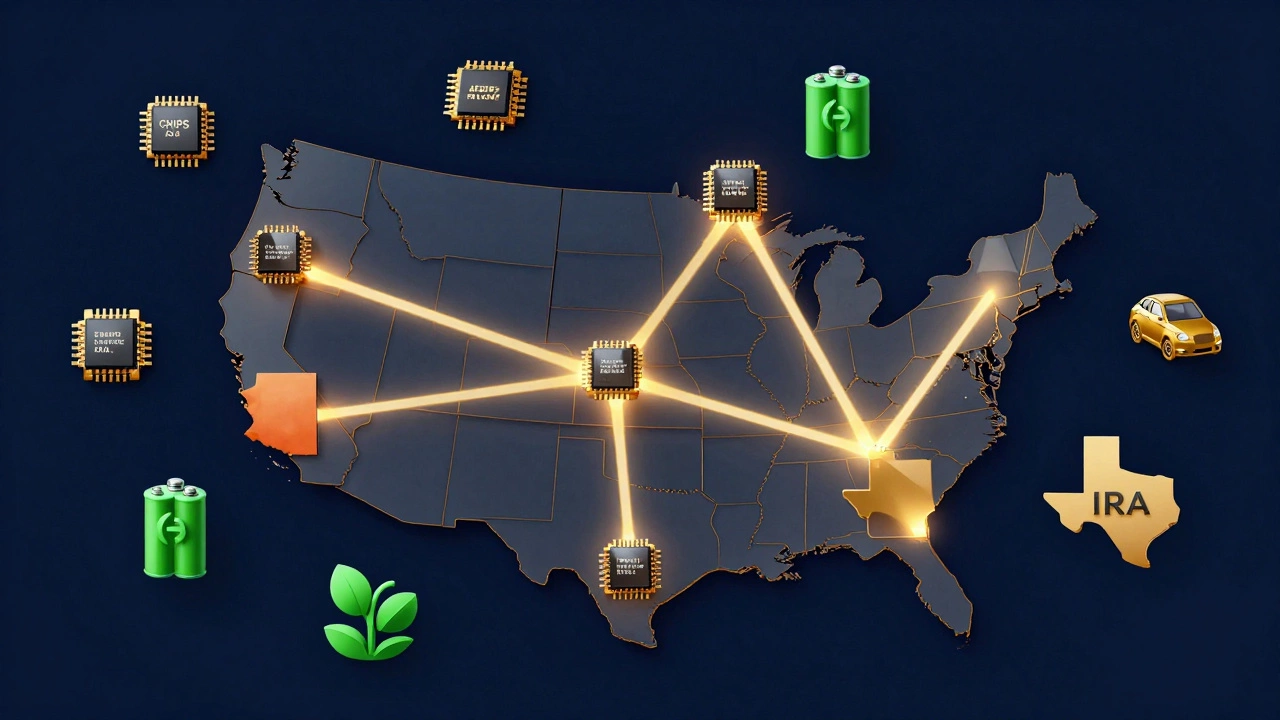 Glowing US map showing semiconductor and EV investment hubs