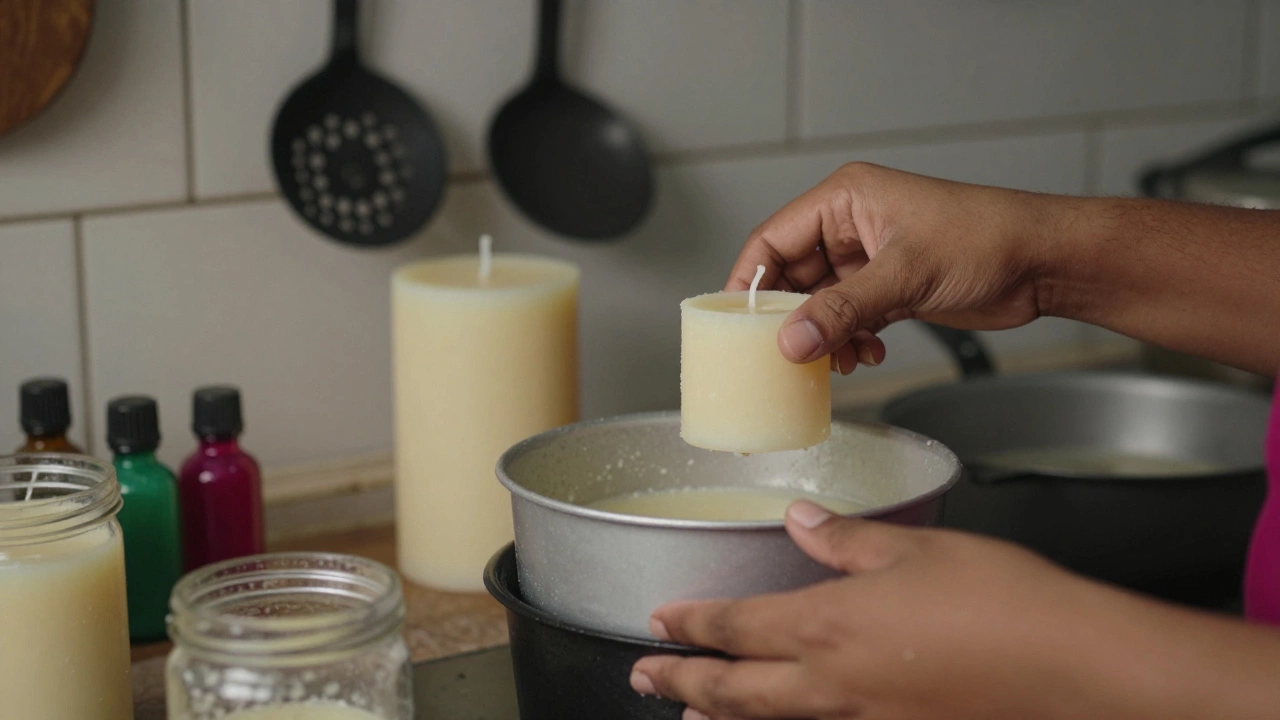 Hands making handmade candles using simple kitchen tools