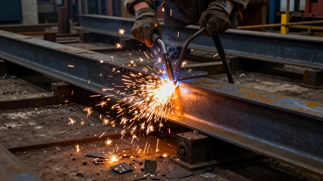 Massive German structural steel beams being welded with bright sparks in an industrial environment.