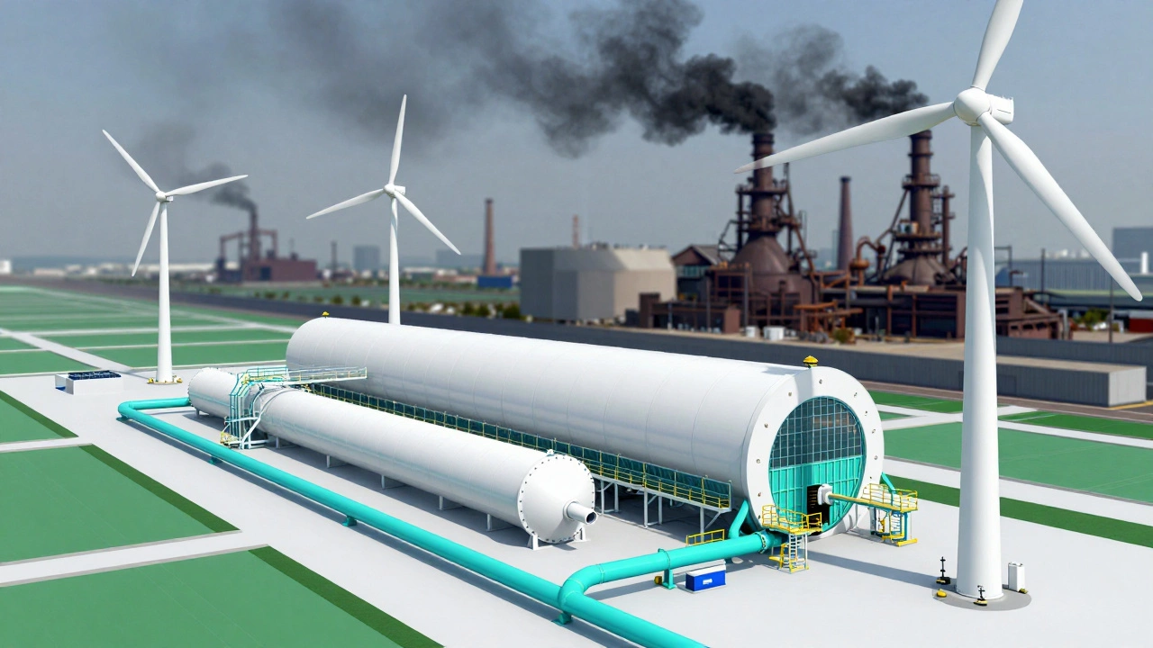 Modern green steel factory using wind and hydrogen vs old smokestacks