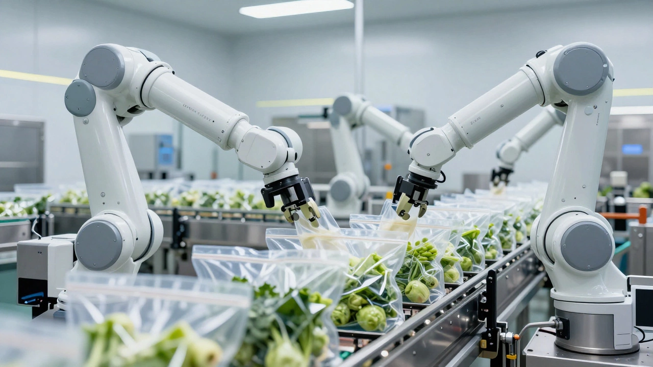 Robotic arms sealing vacuum packages on an automated food production line