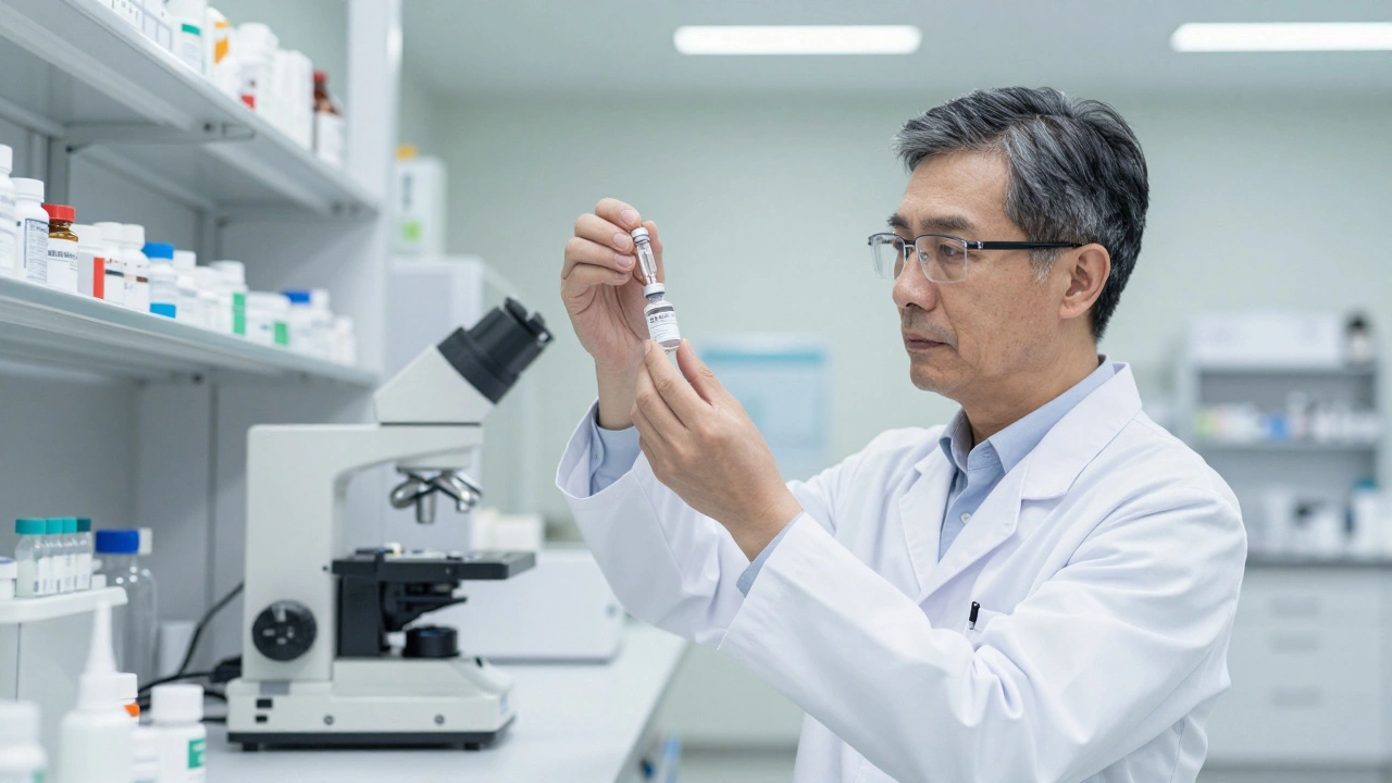 Scientist inspecting high-quality specialty medicine in a European lab