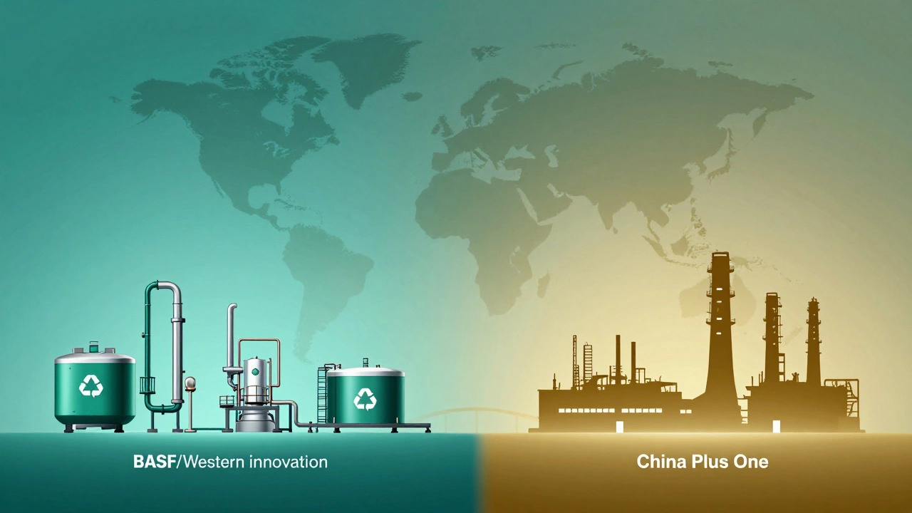 Split image showing green tech vs traditional industry