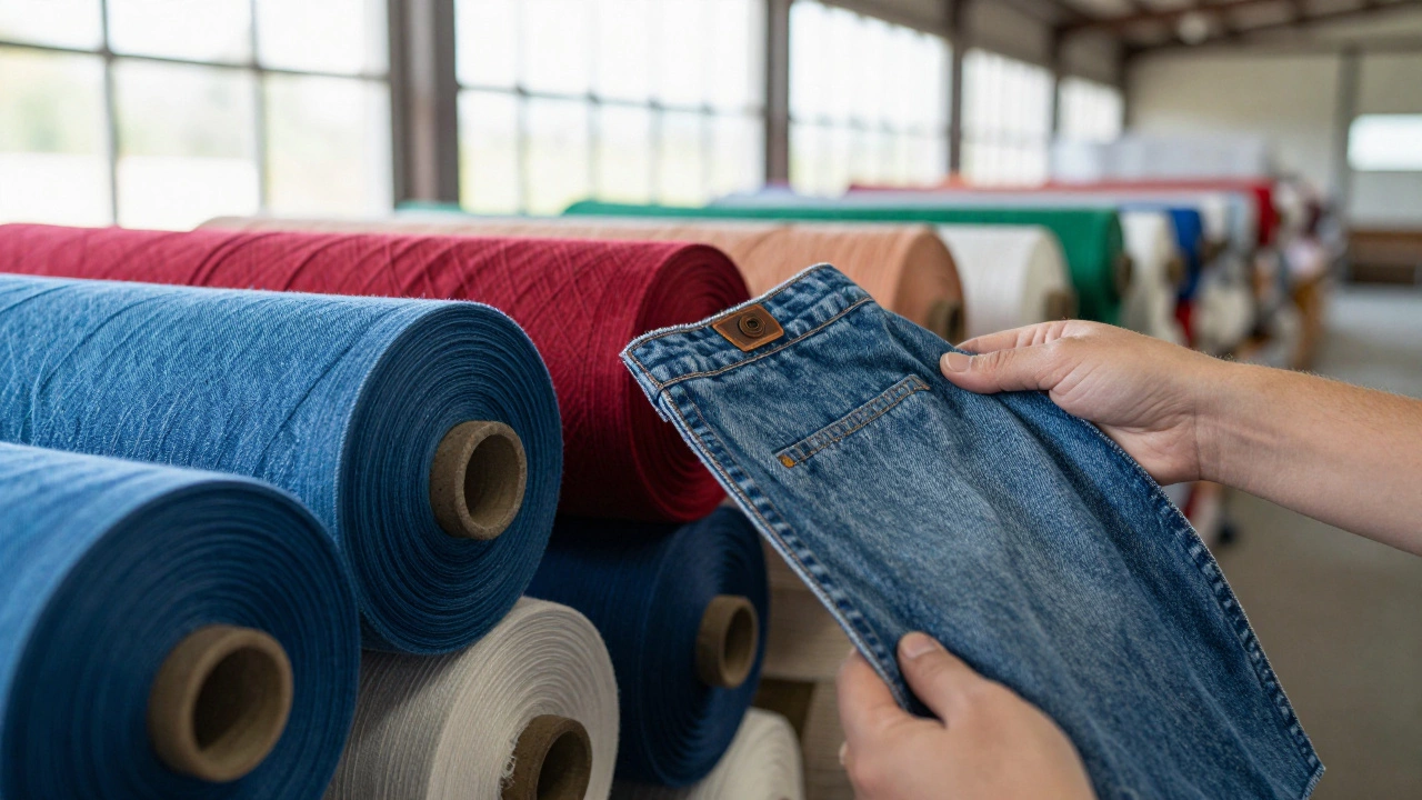 Stacks of raw cotton bales and colorful finished fabric rolls in a warehouse.