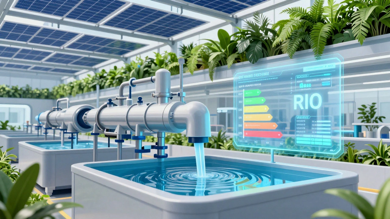 Sustainable textile factory with solar power and water treatment systems.