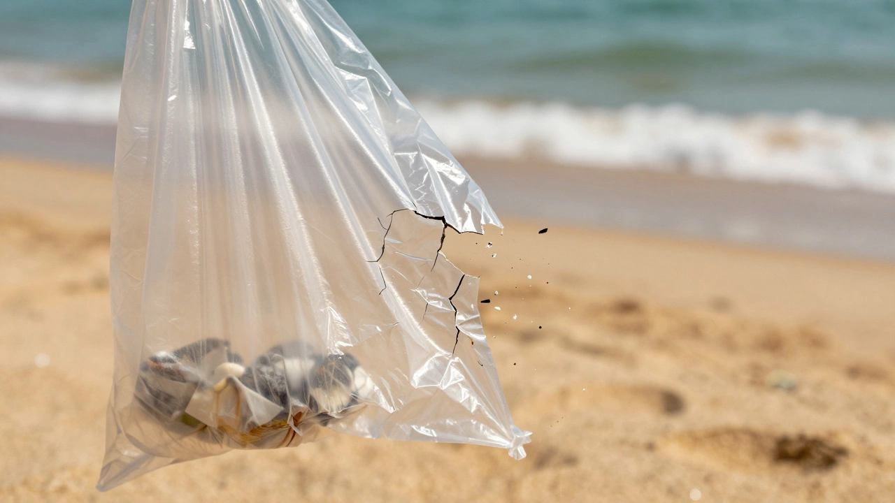 Close-up of a plastic bag cracking and fragmenting into pieces on a sunny beach
