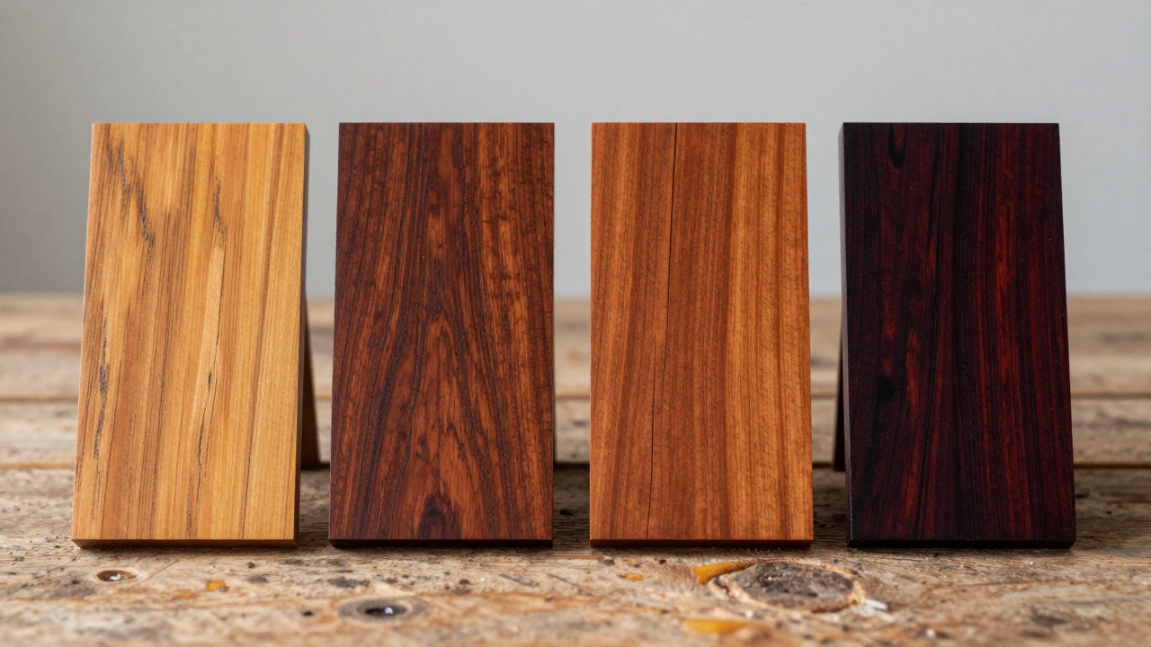 Close-up of Teak, Sal, Sheesham, and Rosewood samples