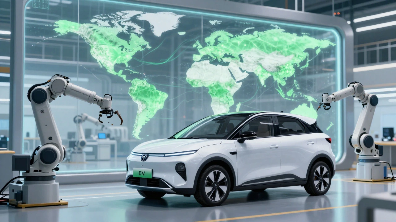 Electric vehicle assembly line with global export map background
