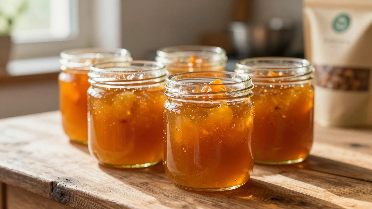 Glass jars of artisanal pickles and honey on a wooden table with warm natural lighting